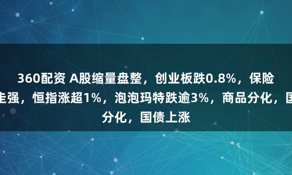 360配资 A股缩量盘整，创业板跌0.8%，保险、银行走强，恒指涨超1%，泡泡玛特跌逾3%，商品分化，国债上涨